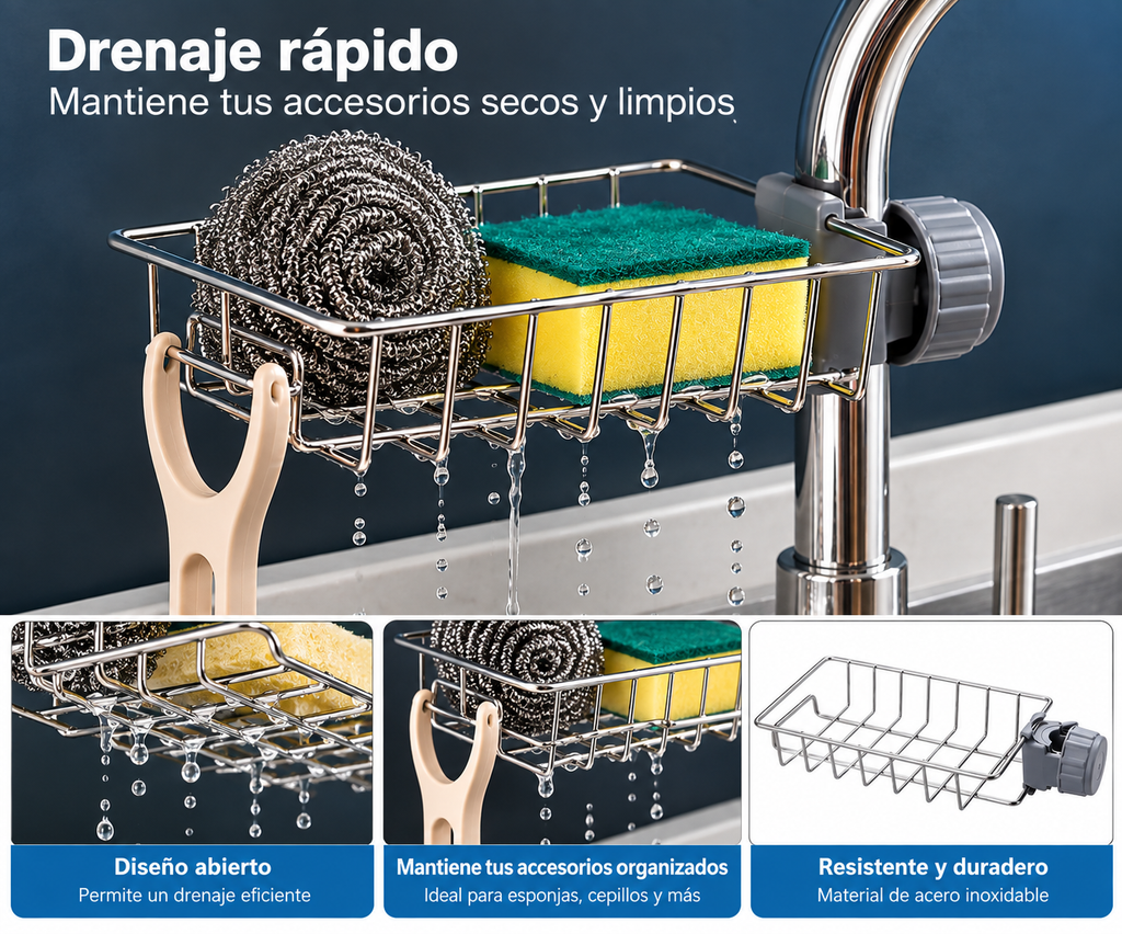 Organizador Escurridor para Grifo de Cocina – Soporte para Esponja y Jabón y Accesorios