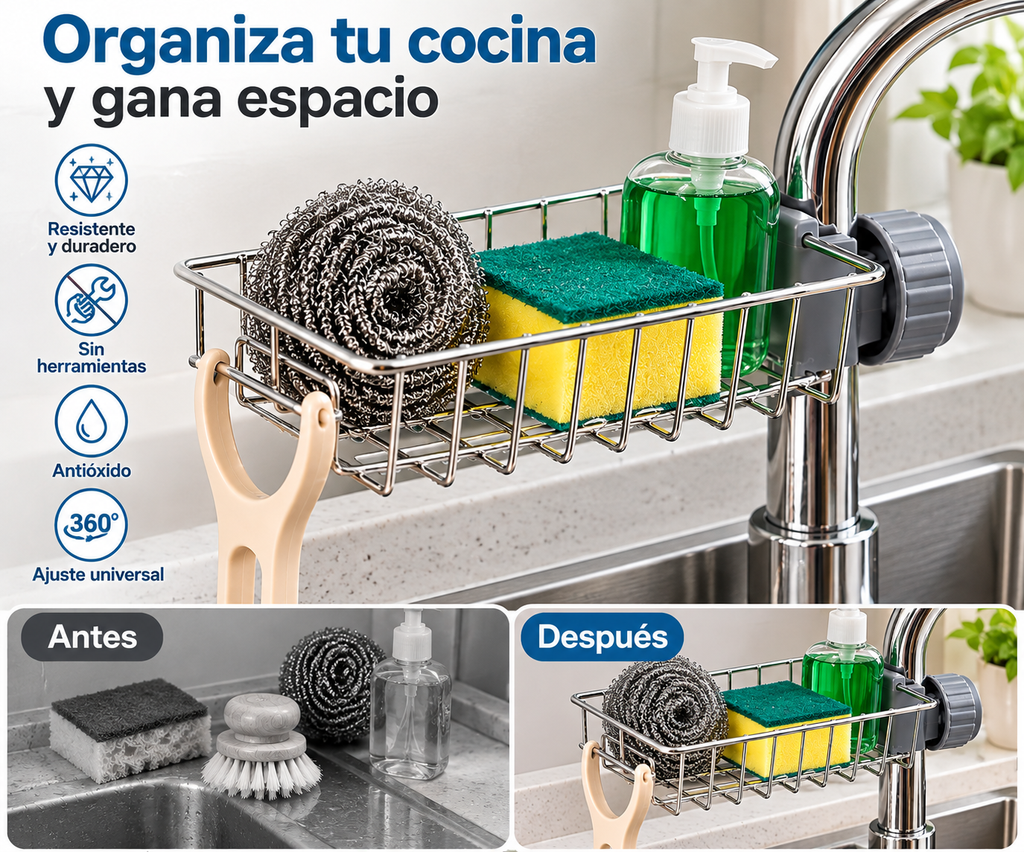 Organizador Escurridor para Grifo de Cocina – Soporte para Esponja y Jabón y Accesorios