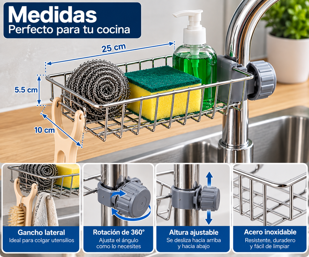 Organizador Escurridor para Grifo de Cocina – Soporte para Esponja y Jabón y Accesorios