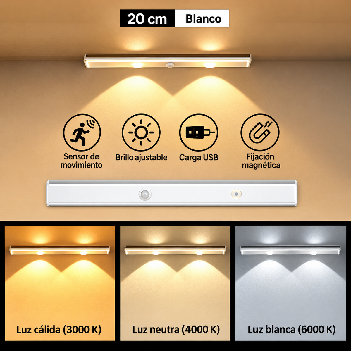 Lámpara LED Recargable con Sensor de Movimiento para Cocina y Clóset – 3 Tonos de Luz