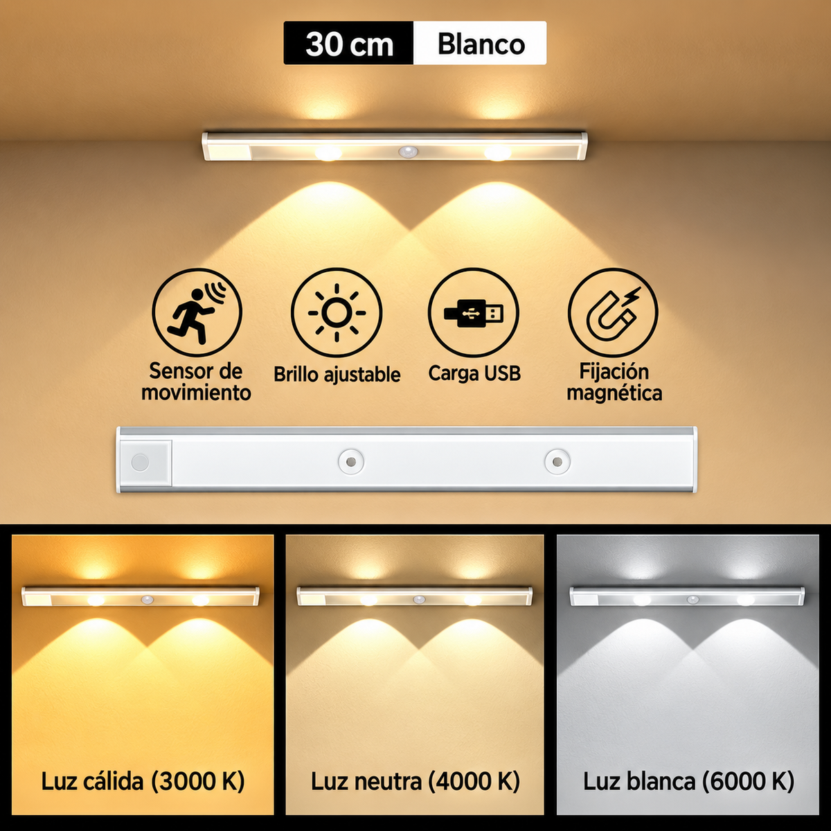 Lámpara LED Recargable con Sensor de Movimiento para Cocina y Clóset – 3 Tonos de Luz