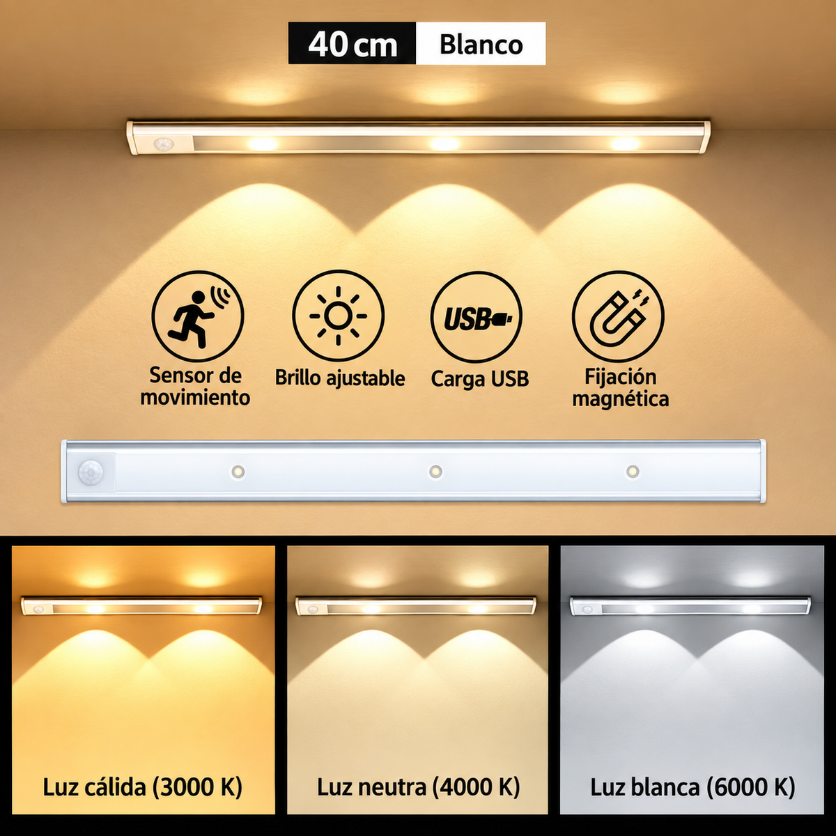 Lámpara LED Recargable con Sensor de Movimiento para Cocina y Clóset – 3 Tonos de Luz