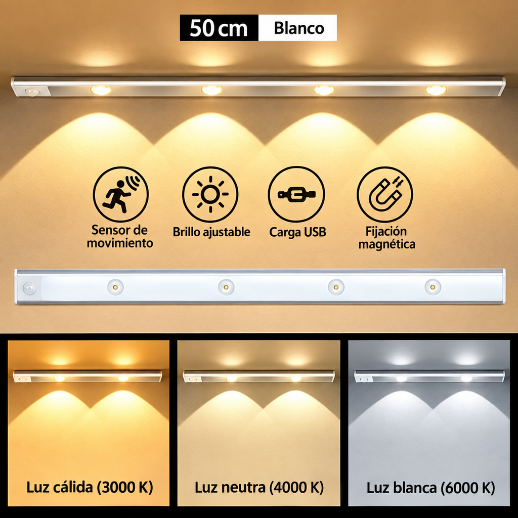 Lámpara LED Recargable con Sensor de Movimiento para Cocina y Clóset – 3 Tonos de Luz