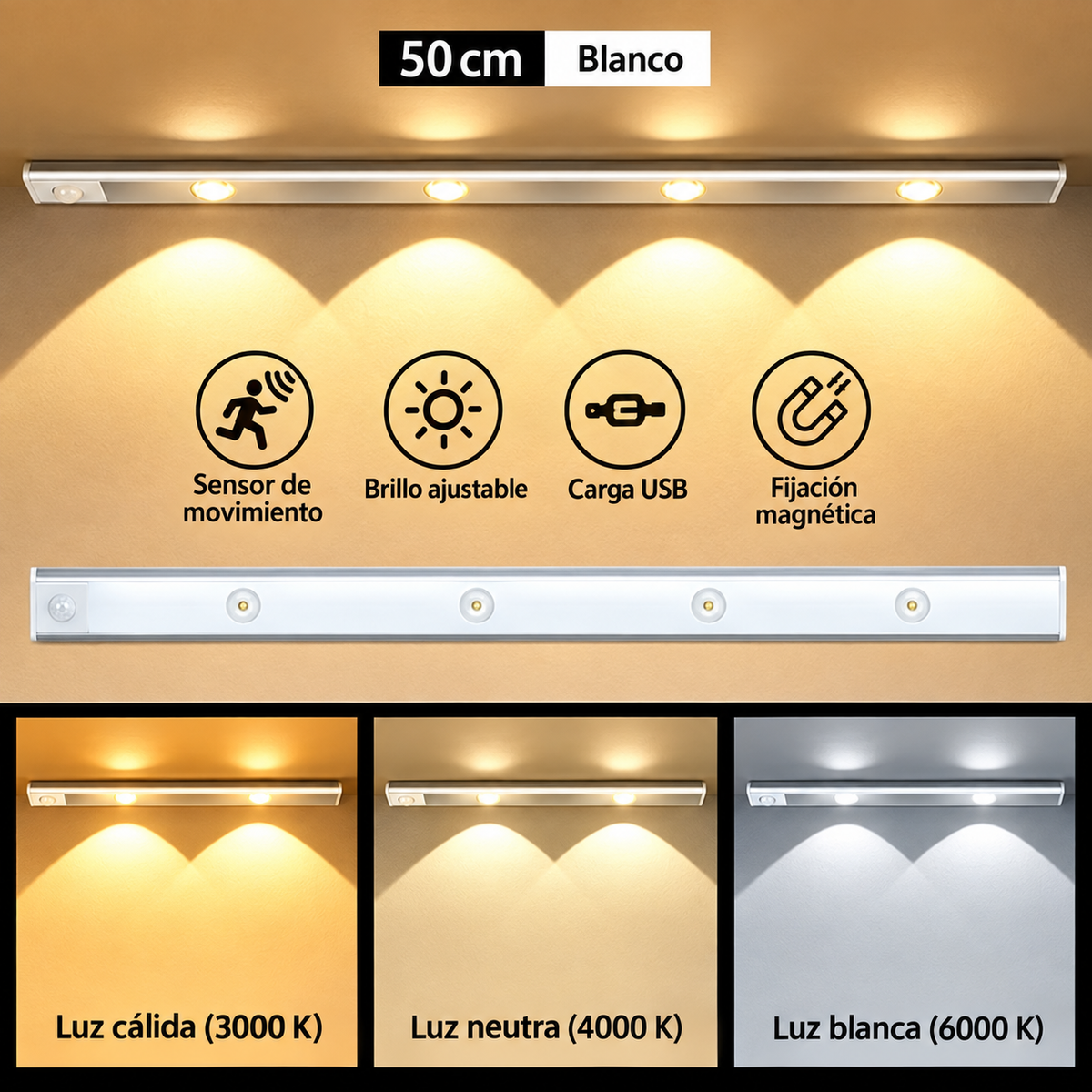 Lámpara LED Recargable con Sensor de Movimiento para Cocina y Clóset – 3 Tonos de Luz