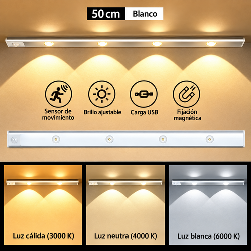 Lámpara LED Recargable con Sensor de Movimiento para Cocina y Clóset – 3 Tonos de Luz