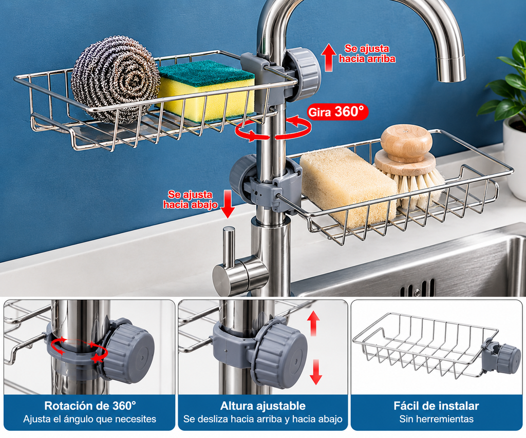 Organizador Escurridor para Grifo de Cocina – Soporte para Esponja y Jabón y Accesorios