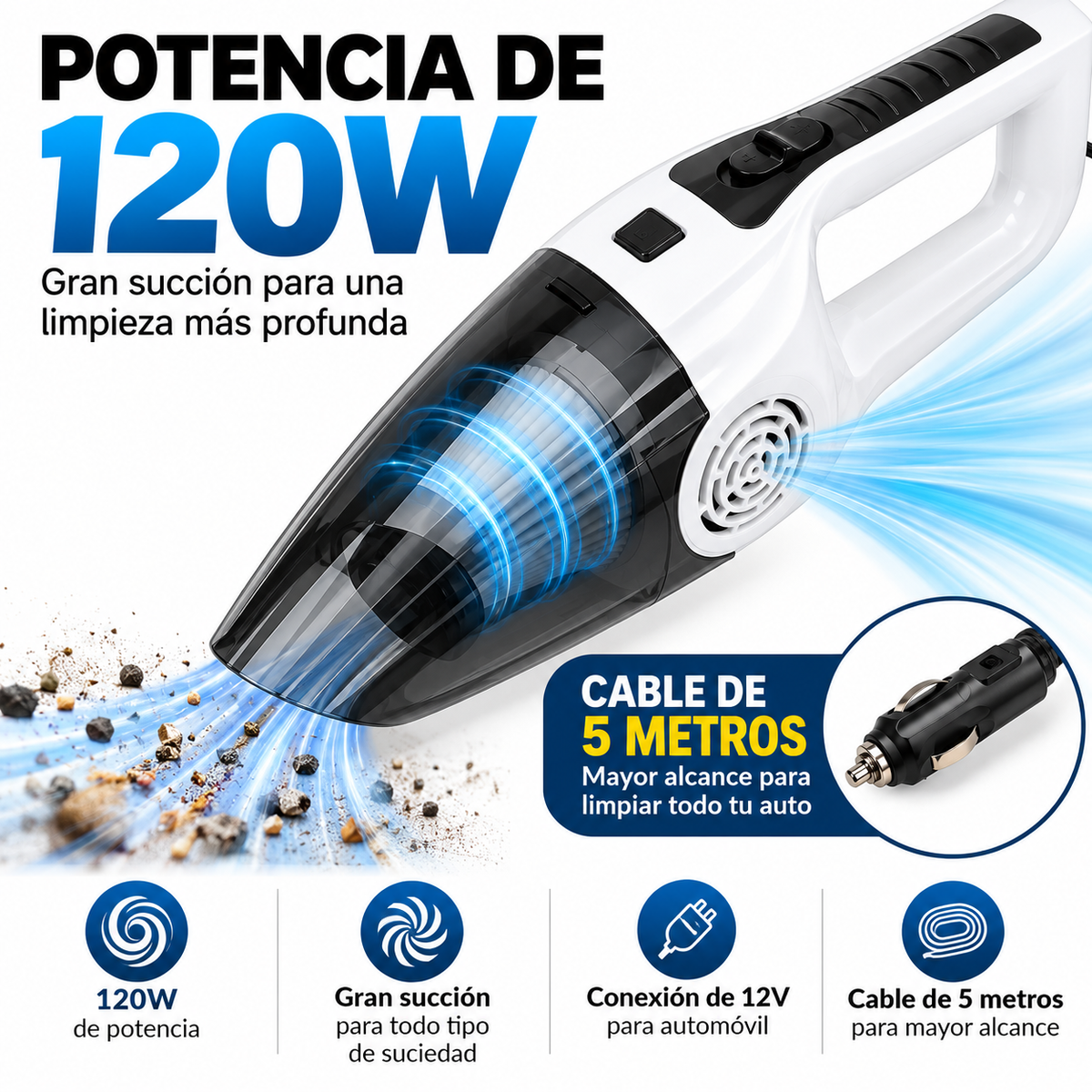 Aspiradora Portátil para Auto 12V 120W Seco y Húmedo con Accesorios