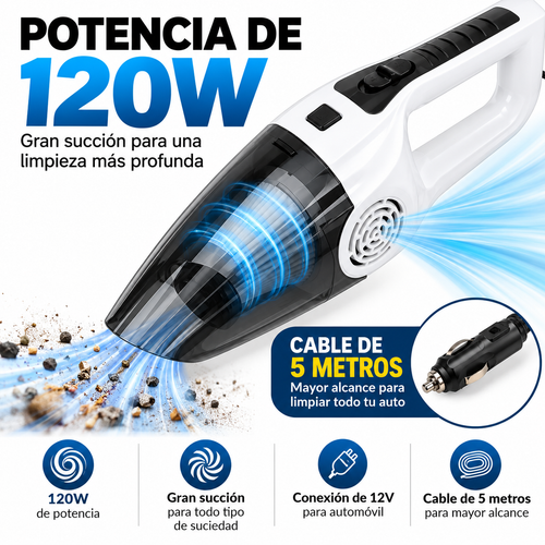 Aspiradora Portátil para Auto 12V 120W Seco y Húmedo con Accesorios
