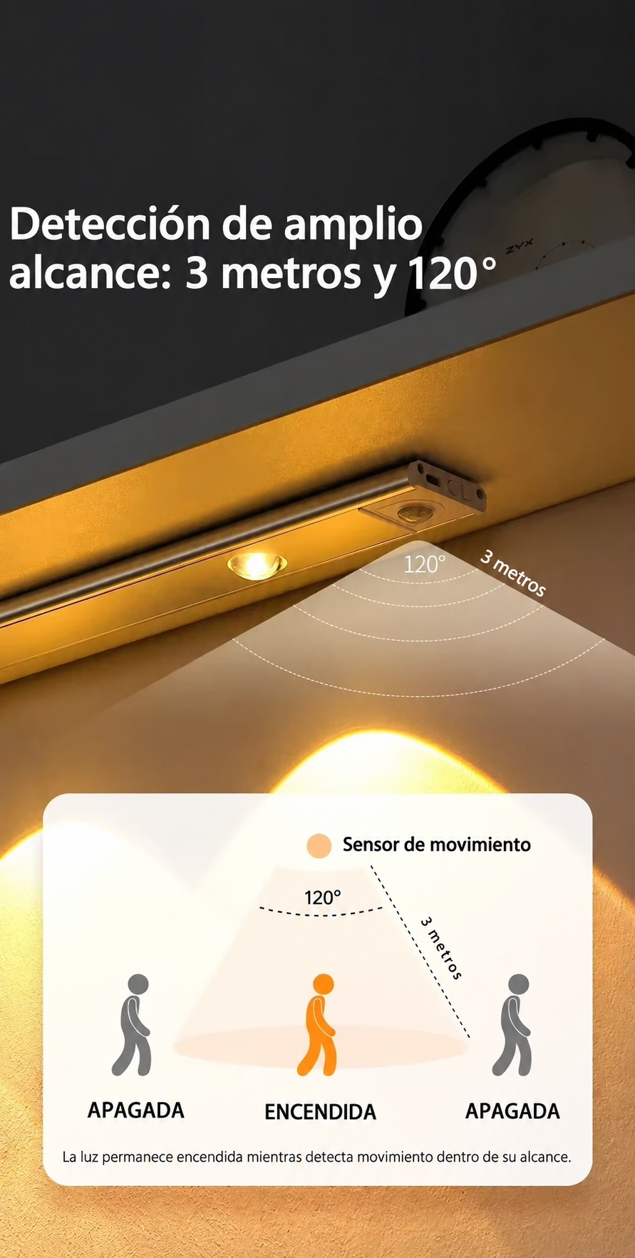 Lámpara LED Recargable con Sensor de Movimiento para Cocina y Clóset – 3 Tonos de Luz