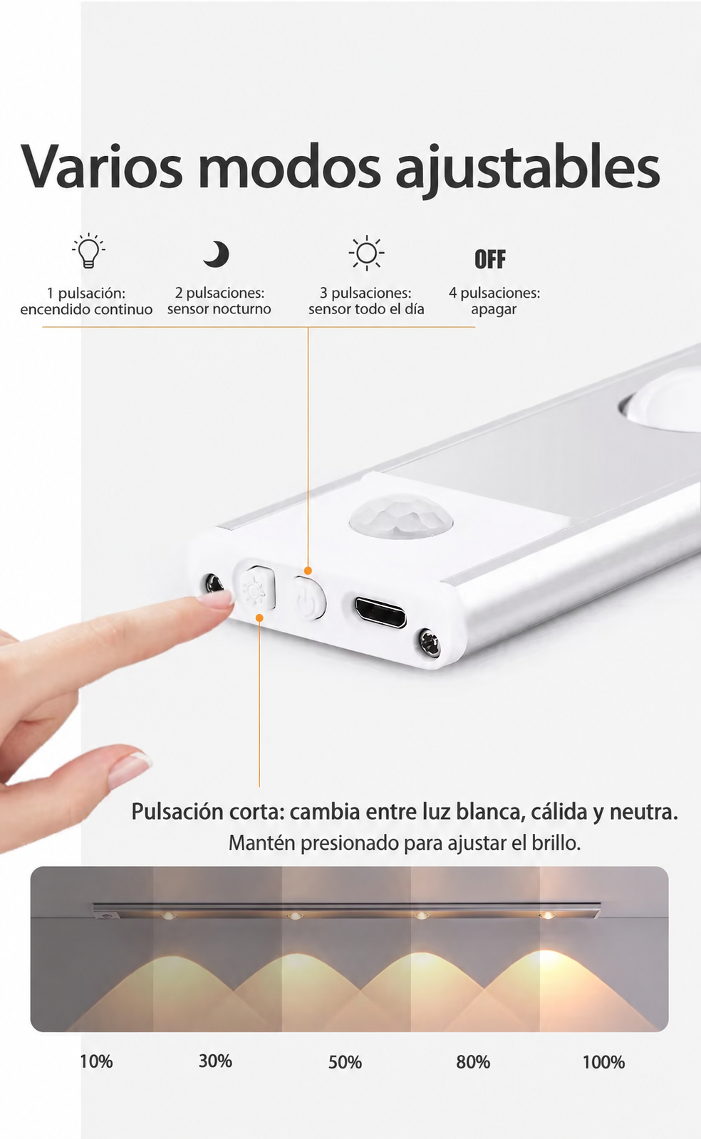 Lámpara LED Recargable con Sensor de Movimiento para Cocina y Clóset – 3 Tonos de Luz