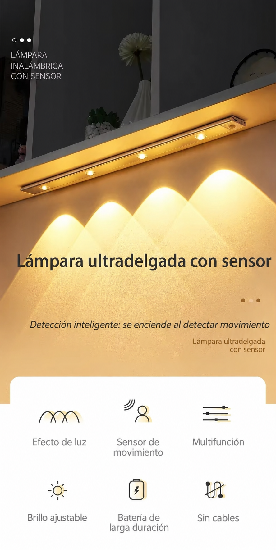 Lámpara LED Recargable con Sensor de Movimiento para Cocina y Clóset – 3 Tonos de Luz