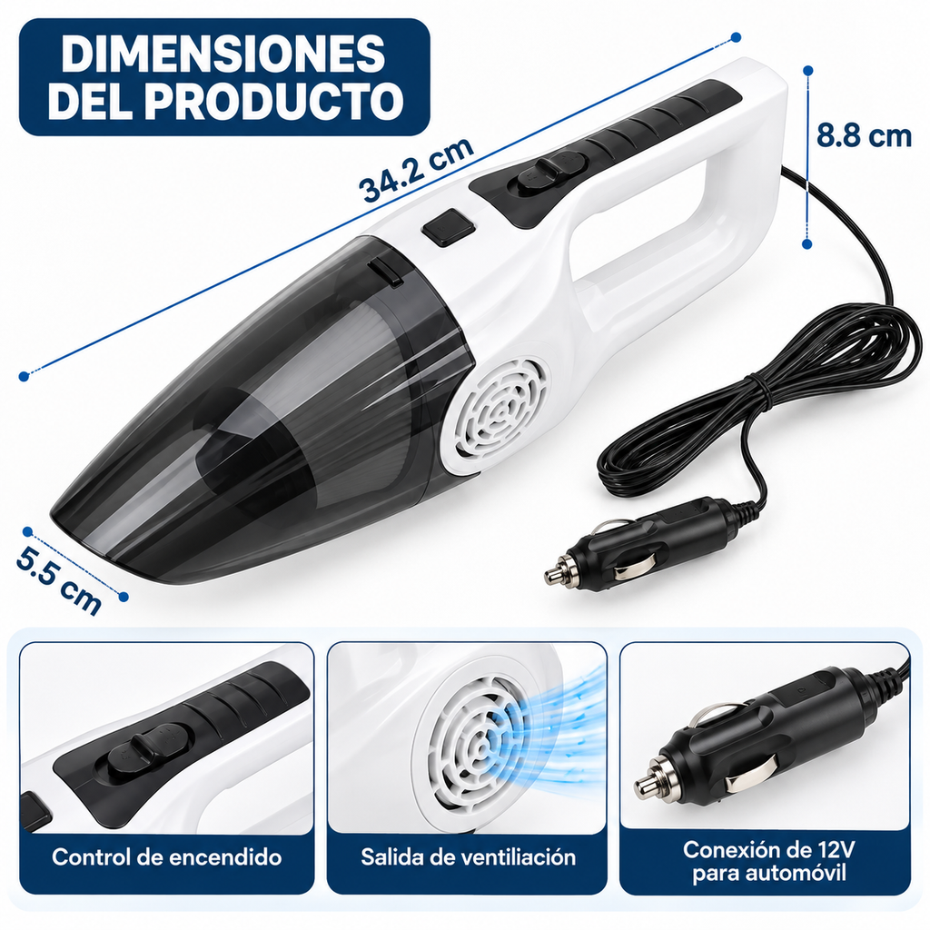 Aspiradora Portátil para Auto 12V 120W Seco y Húmedo con Accesorios
