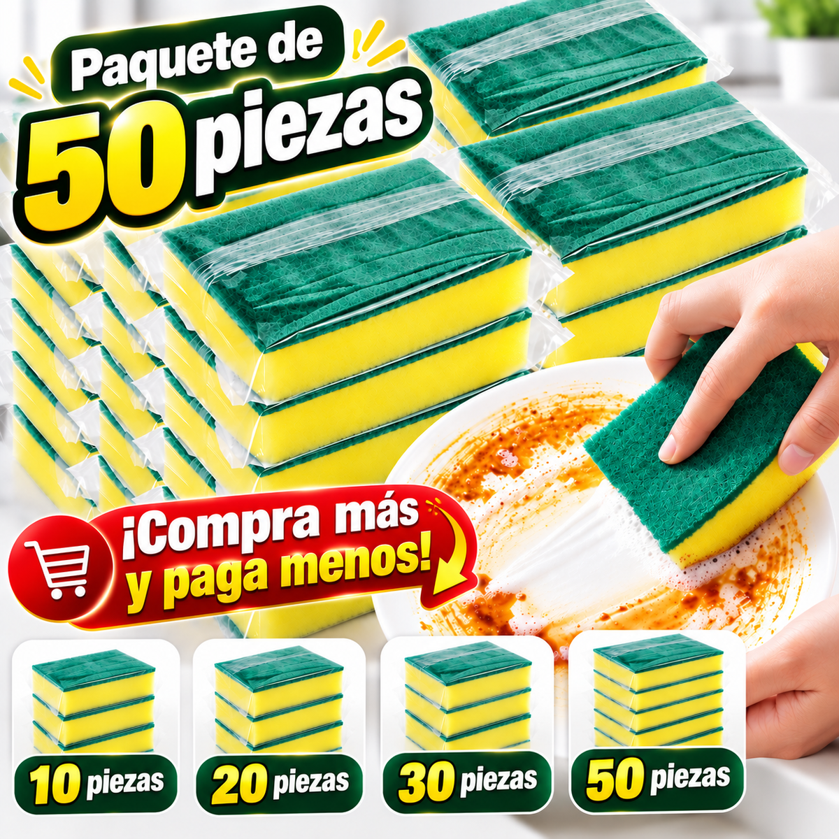 Esponjas de Limpieza Multiusos de Alta Densidad – Paquete de 10, 20, 30 o 50 Piezas