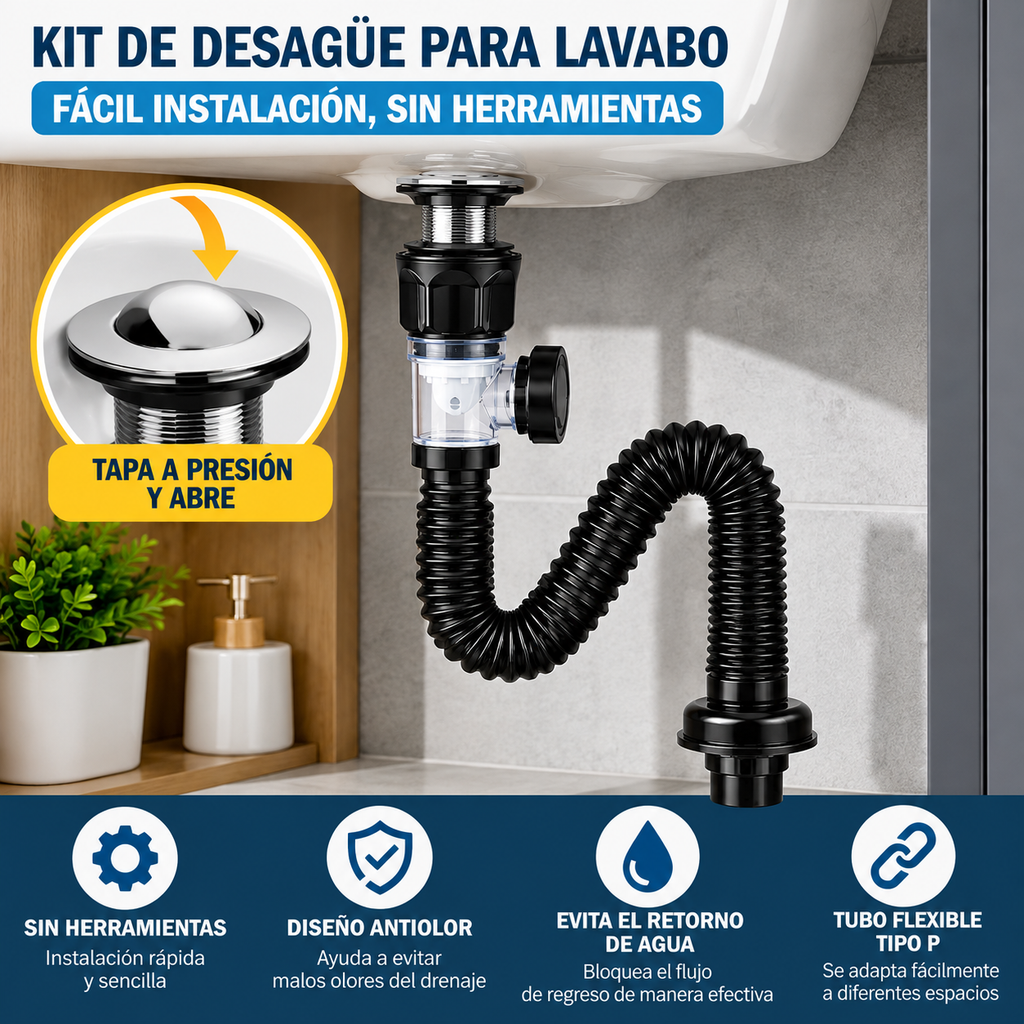 Kit de Desagüe para Lavabo Tipo P con Tapón – Fácil Instalación