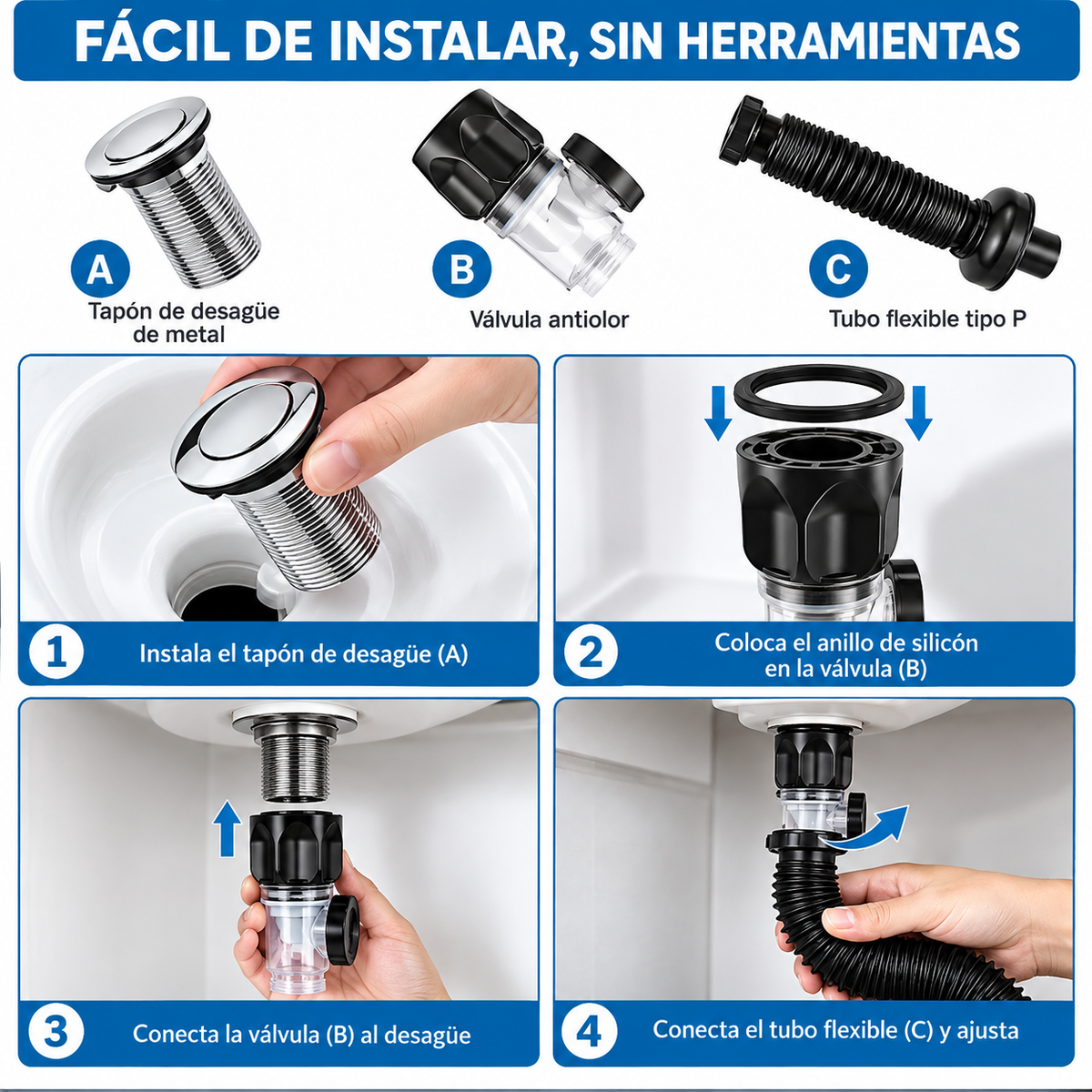 Kit de Desagüe para Lavabo Tipo P con Tapón – Fácil Instalación