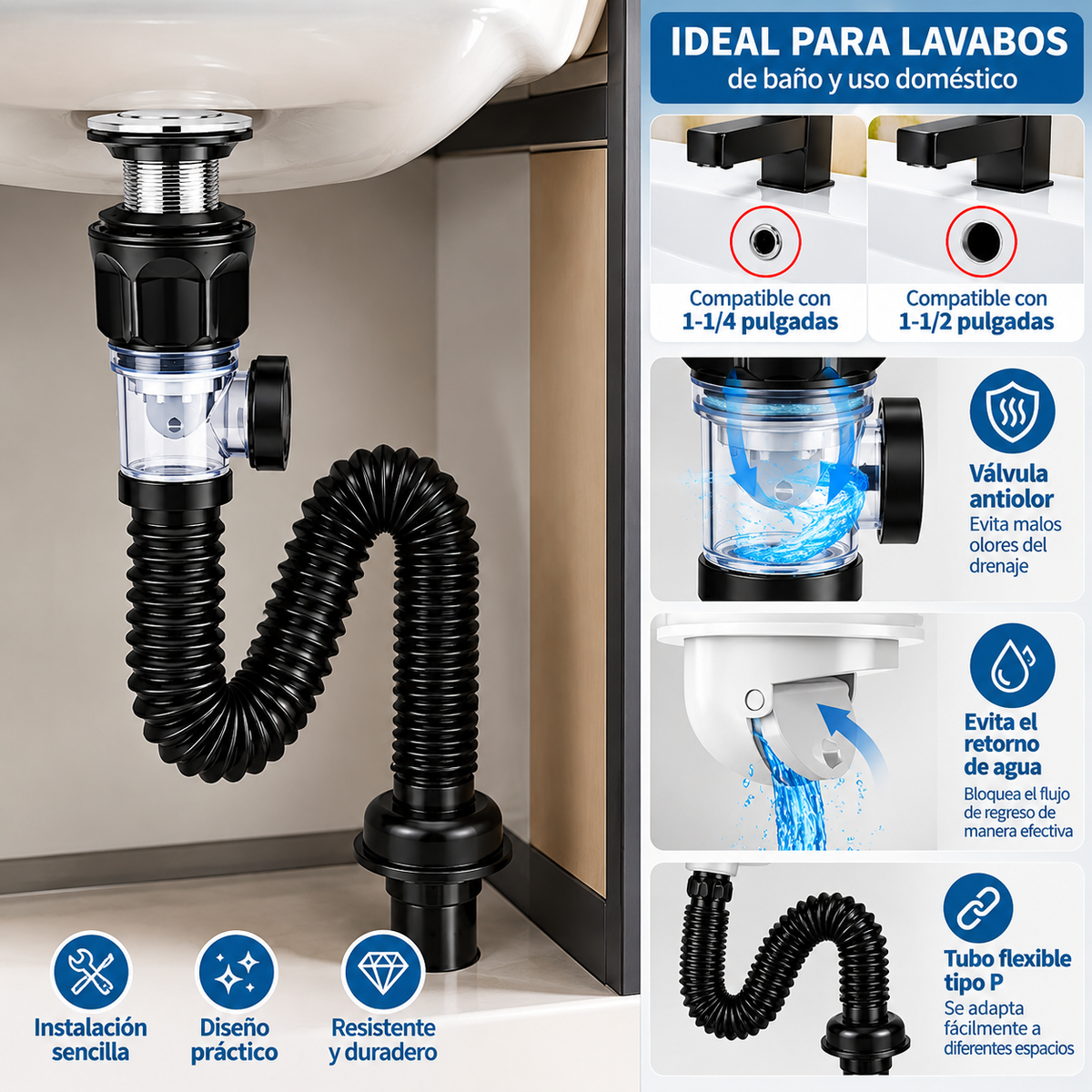 Kit de Desagüe para Lavabo Tipo P con Tapón – Fácil Instalación