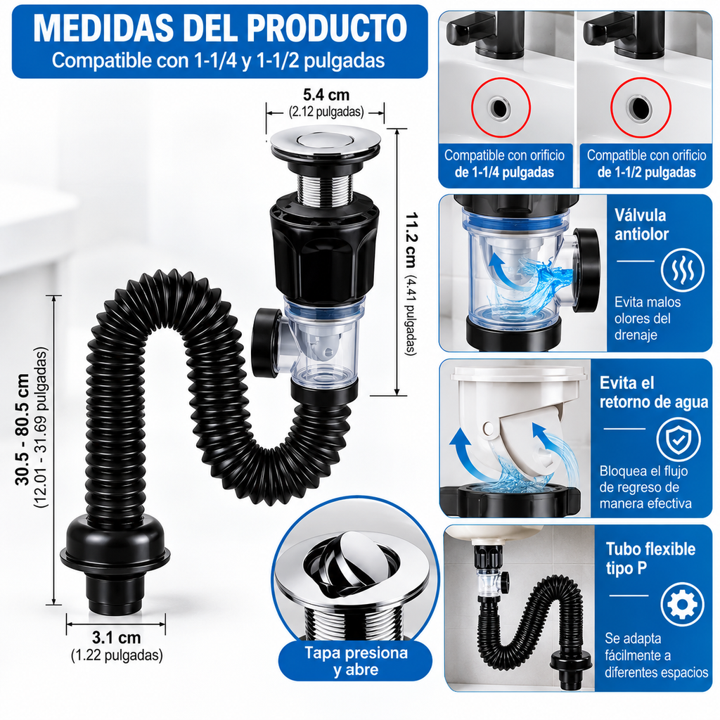 Kit de Desagüe para Lavabo Tipo P con Tapón – Fácil Instalación