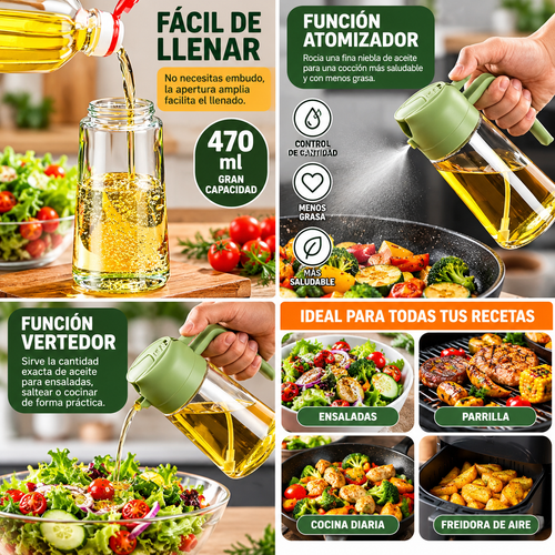 Botella Dispensadora de Aceite 2 en 1 con Atomizador – 470 ml
