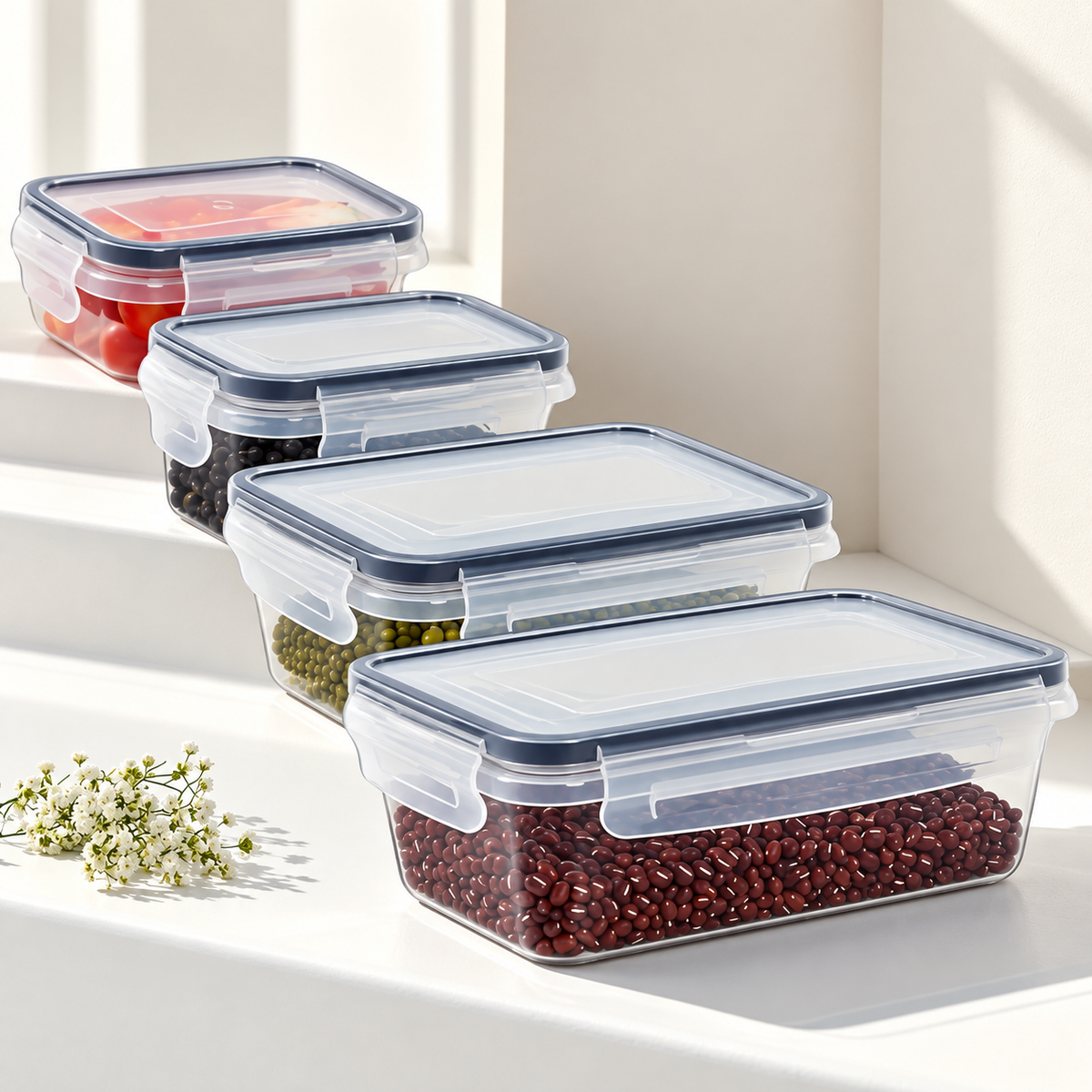 Set de 4 Recipientes Herméticos con tapa, para Alimentos – Aptos para Microondas y Congelador