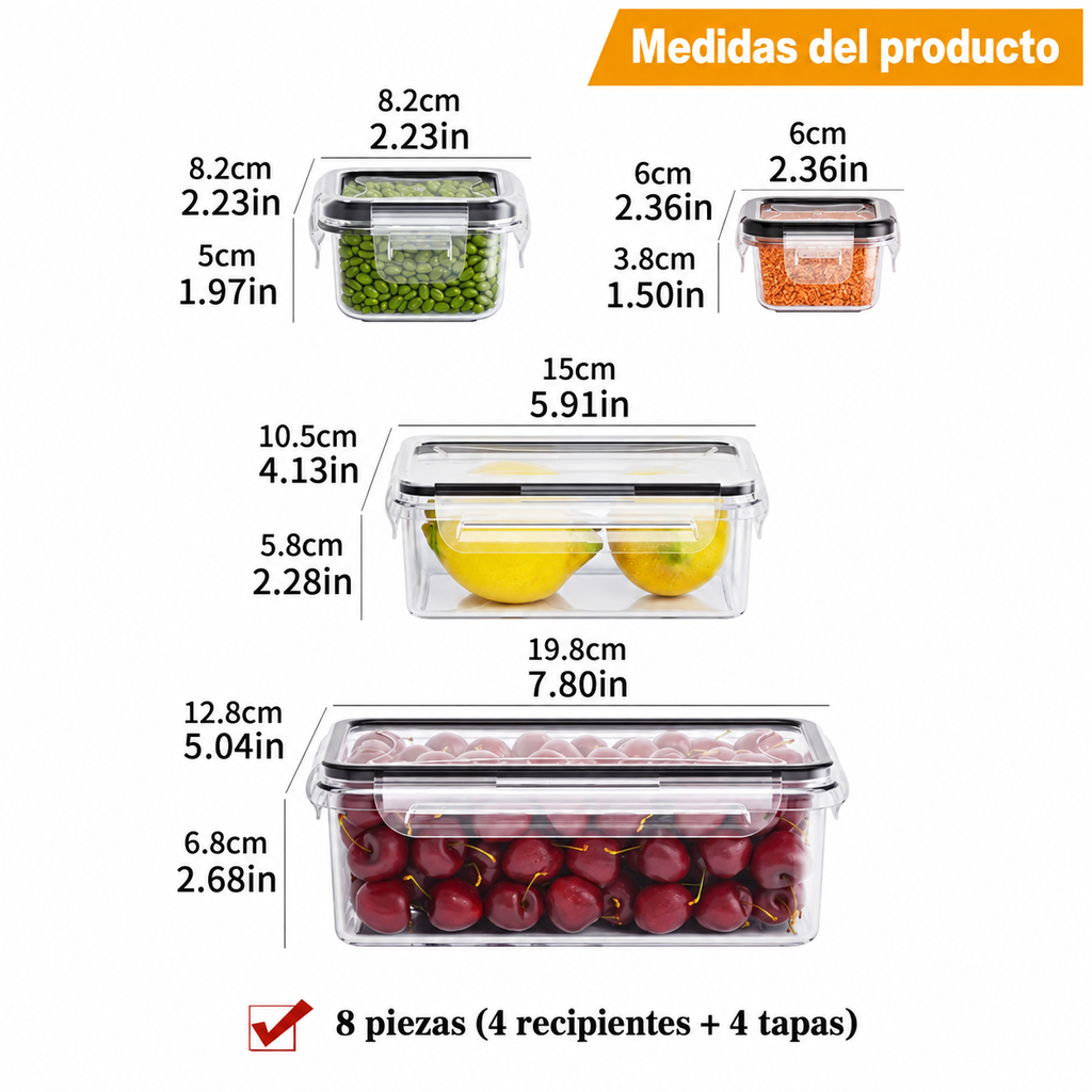 Set de 4 Recipientes Herméticos con tapa, para Alimentos – Aptos para Microondas y Congelador