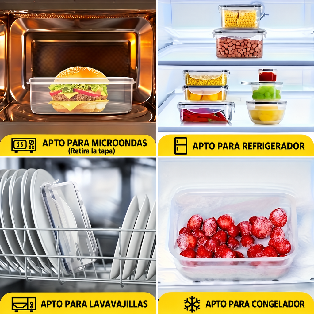 Set de 4 Recipientes Herméticos con tapa, para Alimentos – Aptos para Microondas y Congelador